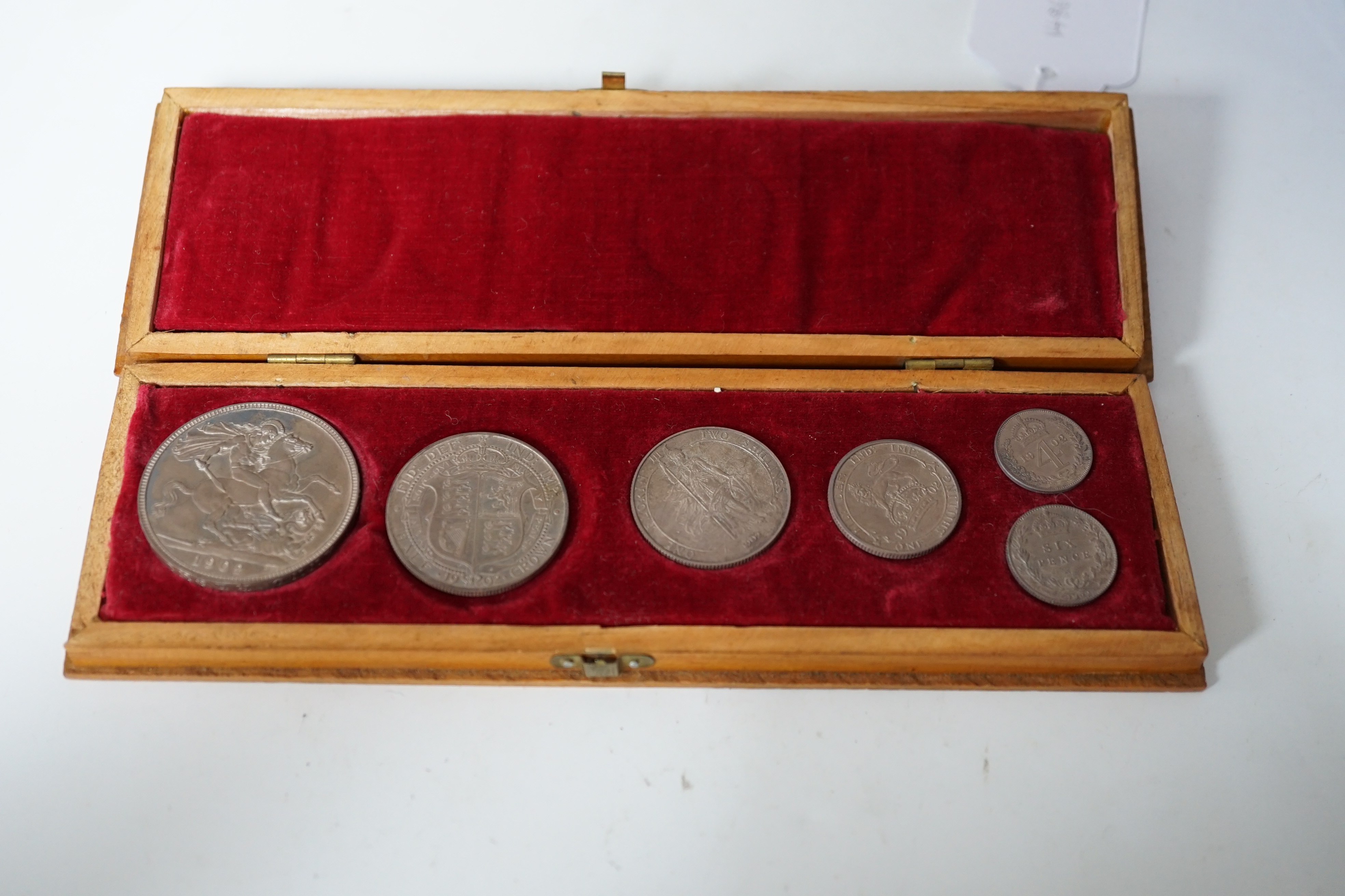 British silver proof coins, 1902 Edward VII matt proof six coin set ranging from crown to sixpence and a maundy fourpence, dark toning, associated case
